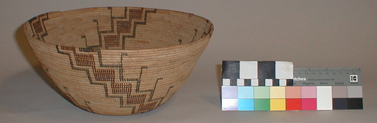 Hearst Museum object titled Bowl basket, accession number 1-10729, described as Bowl basket; coiled. Warp is Epicampes (Sporobolus rigens), weft is Sedge (Carex). Red pattern is Redbud (Cercis occidentalis). Black pattern is Brake fern (Pteris quilina).