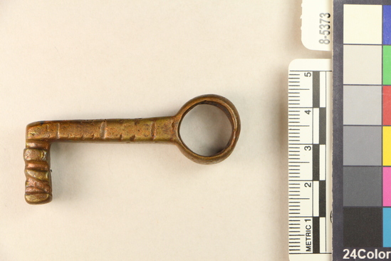 Hearst Museum object 4 of 6 titled Key, accession number 8-5373, described as Key, bronze, ring-handle; 69 mm
