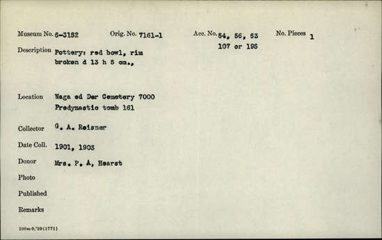 Documentation associated with Hearst Museum object titled Broken bowl, accession number 6-3182, described as Pottery, red bowl, rim broken; diameter 13 cm, height 5 cm