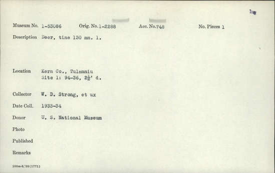 Documentation associated with Hearst Museum object titled Antler tine, accession number 1-53086, described as Deer tine, length: 130 mm.