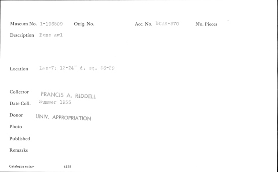 Documentation associated with Hearst Museum object titled Awl, accession number 1-196509, described as Made of bone.