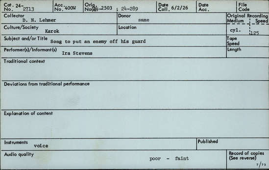 Documentation associated with Hearst Museum object titled Audio recording, accession number 24-2713, described as Song to put an enemy off his guard