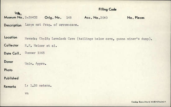 Documentation associated with Hearst Museum object titled Mat fragment, accession number 2-39432, described as Large, made of arrow-cane