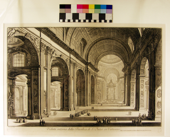 Hearst Museum object titled Engraving, accession number 17-317, described as Interior of St. Peter's Basilica, Rome. Basilica di S. Pietro in Vaticano 3/24/14 - Leslie Freund Note: Two engravings with the same number printed on the the back.  This is an OLD "double-number problem" that based on the description and alternate numbers should be easy to fix.