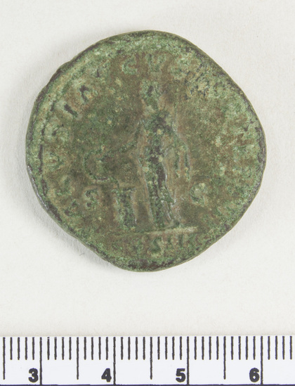 Hearst Museum object 8 of 8 titled Coin: æ sestertius, accession number 8-4022, described as Coin; AE; Sestertius; Roman. Marcus Aurelius, 161-162 AD. Rome, Italy Obverse: IMP CAES M AVREL ANTONINVS AVG P M, Bust r. laureate. Reverse: SALVTI AVGVSTOR TR P XVII, Salus left feeding snake at altar; S C in field; in exergue, COS III.