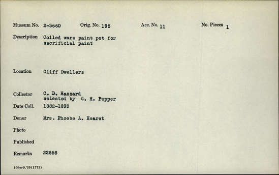 Documentation associated with Hearst Museum object titled Pot, accession number 2-3660, described as Coiled-ware paint pot for sacrificial paint.