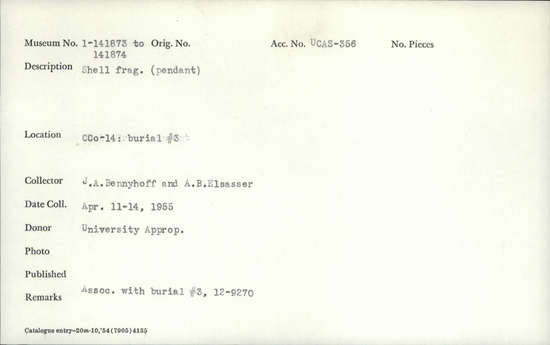 Documentation associated with Hearst Museum object titled Shell fragment, accession number 1-141874, described as Shell fragment (pendant)