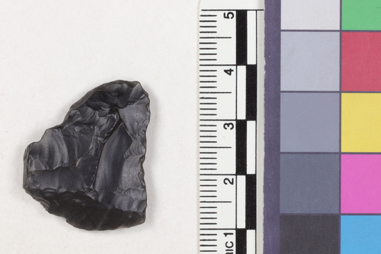 Hearst Museum object titled Projectile point fragment, accession number 16-14204, described as Projectile point; obsidian; triangular; weight: 3.61 grams; length: 2.9 cm; width: 2.5 cm; depth: 0.55 cm; concave sides, convex base.