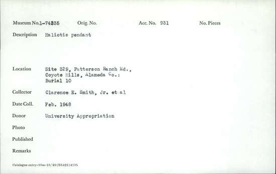 Documentation associated with Hearst Museum object titled Pendant, accession number 1-74335, described as Haliotis pendant Notice: Image restricted due to its potentially sensitive nature. Contact Museum to request access.