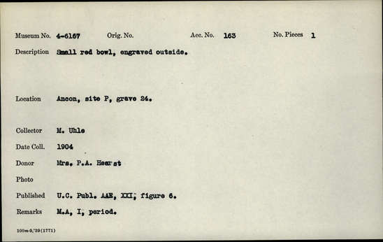 Documentation associated with Hearst Museum object titled Bowl, accession number 4-6167, no description available.