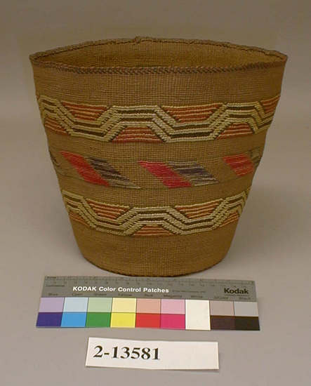 Hearst Museum object titled Basket, accession number 2-13581, described as Twined, pliable, intricate designs in brown, yellow, purple.