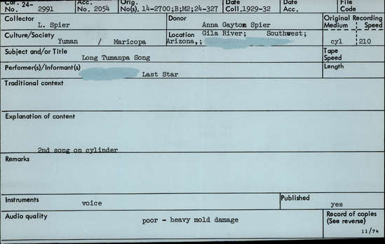 Documentation associated with Hearst Museum object titled Audio recording, accession number 24-2991, described as Long Tumanpa Song