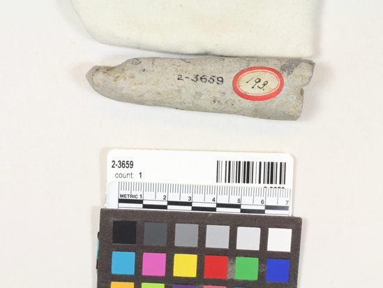 Hearst Museum object 1 of 2 titled Ladle fragment, accession number 2-3659, described as Dipper handle fragment. Round. Tapering.