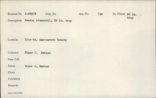 Documentation associated with Hearst Museum object titled Beads, accession number 1-59275, described as Beads; clam shell; 30 lb tray