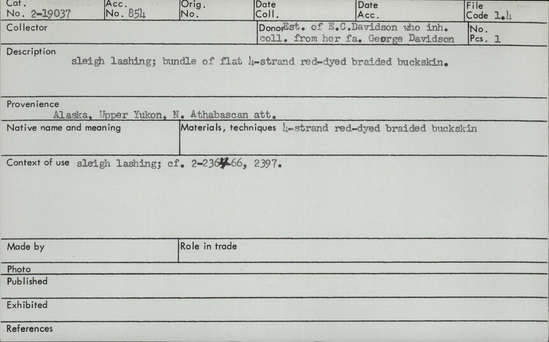 Documentation associated with Hearst Museum object titled Lashing, accession number 2-19037, described as Bundle of flat 4 strand red dyed braided buckskin.