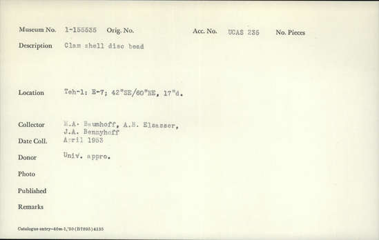 Documentation associated with Hearst Museum object titled Bead, accession number 1-155535, described as Clam shell disc.