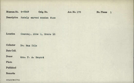 Documentation associated with Hearst Museum object titled Carving: face, accession number 4-6549, described as Carving: Face, Wood