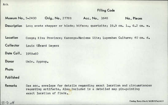 Documentation associated with Hearst Museum object titled Chopper, accession number 5-2400, described as Long ovate chopper or blade; biface; quartzite