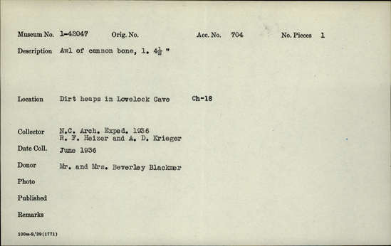 Documentation associated with Hearst Museum object titled Awl, accession number 1-42047, described as Awl of cannon bone.