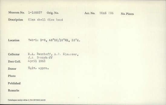 Documentation associated with Hearst Museum object titled Bead, accession number 1-155527, described as Clam shell disc.