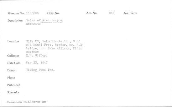 Documentation associated with Hearst Museum object titled Shell: bivalve, accession number 11-5336, described as Valve of Arca scapha Chemnitz