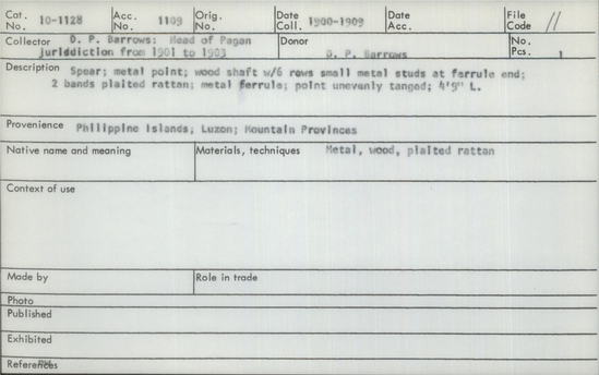 Documentation associated with Hearst Museum object titled Spear, accession number 10-1128, described as Spear; metal point; wood shaft w/ 6 rows small metal studs at ferrule and; 2 bands plaited rattan; metal ferrule; point unevenly tanged; 4’ 9” L.