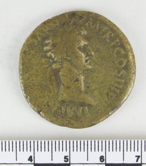 Hearst Museum object 12 of 14 titled Coin: æ sestertius, accession number 8-6029, described as Coin: Sestertius; Æ; Nerva - 21.49 grams. Obverse: IMP[NERVA CAES] AVG    PM TRP COS III PP - Head laureate facing right. Reverse: CONCORDIA EXERCITVVM-  SC; clasped hands holding legionary eagle set on prow facing left.