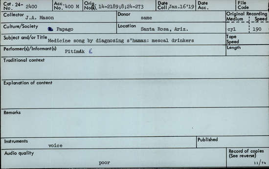 Documentation associated with Hearst Museum object titled Audio recording, accession number 24-2400, described as Medicine song by diagnosing shaman: mescaldrinkers