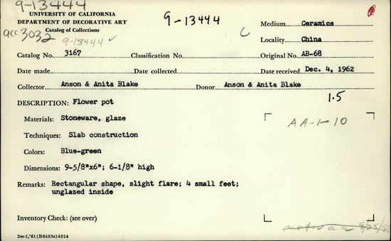 Documentation associated with Hearst Museum object titled Vase, accession number 9-13444, described as Planter, ceramic; Tall rectangular shape with slightly flared sides; inner horizontal flange; four short corner feet.  Mottled blue-green glaze, crackled on exterior.  Drips of glaze on unglazed interior.  Chip in glaze near one foot.  H. 16.3 cm; L. 24.5 cm, W. 15.2 cm Ceramic, slab-built, with attached feet, blue-green crackled glaze.