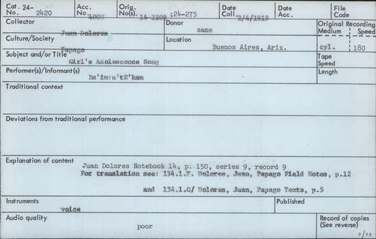 Documentation associated with Hearst Museum object titled Audio recording, accession number 24-2420, described as Girl's Adolescence Song Notebook 14, p.150 Series 9, Record 9