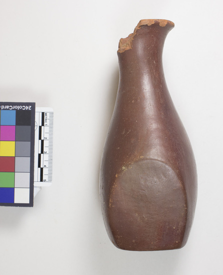 Hearst Museum object 5 of 12 titled Broken bottle, accession number 6-3214, described as Pottery: red bottle flat bottom two flat sides slender neck broken gd 8 cm, height 15 cm