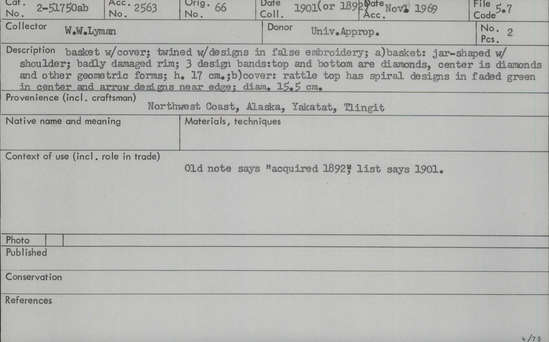 Documentation associated with Hearst Museum object titled Basket, accession number 2-51750a,b, described as Twined with designs in false embroidery. (a) Basket, jar shaped with shoulder; badly damaged rim; 3 design bands: rattle top and bottom are diamonds, center is diamonds and other geometric forms. (b) Cover: rattle top has spiral designs in faded green in center and arrow designs near edge. Old note says "acquired 1892", list says 1901.
