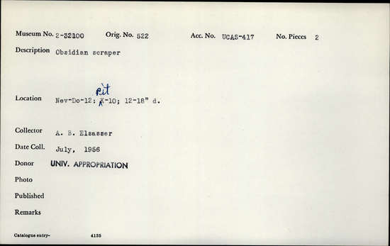 Documentation associated with Hearst Museum object titled Scraper, accession number 2-32100, described as Obsidian.