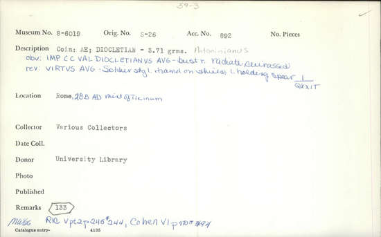 Documentation associated with Hearst Museum object titled Coin: æ antoninianus, accession number 8-6019, described as Coin: Antoninianus; Æ; Diocletian - 3.71 grams. Obverse: IMP C C VAL DIOCLETIANVS AVG - Bust facing right radiate, cuirassed. Reverse: VIRTVS AVG - Soldier standing facing left, right hand on shield, left holding spear [untranscribable symbols].