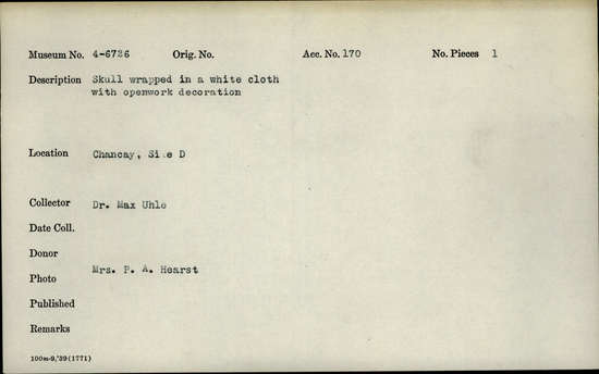 Documentation associated with Hearst Museum object titled Human remains, accession number 4-6726, described as Skull wrapped in a white cloth with openwork decoration. Notice: Image restricted due to its potentially sensitive nature. Contact Museum to request access.