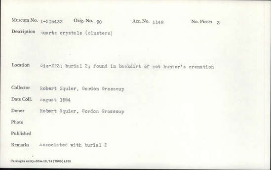 Documentation associated with Hearst Museum object titled Stone fragment, accession number 1-215433, described as Quartz (clusters).