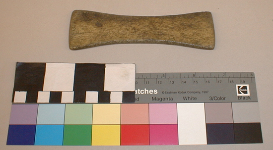 Hearst Museum object titled Mesh measure, accession number 1-2078, described as Elk antler, rectangular, constricted middle, flat.