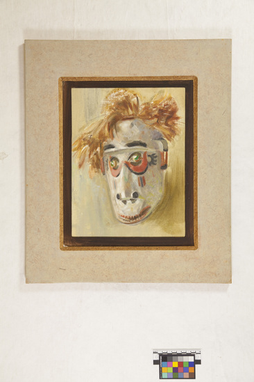 Hearst Museum object titled Oil painting, accession number 17-717, described as Painting of Mask, white face with raffia fringe, light green background. 27.5 cm x 35 cm, frame 43 cm x 51 cm. Oil on canvas glued to plywood; fiberwood frame.