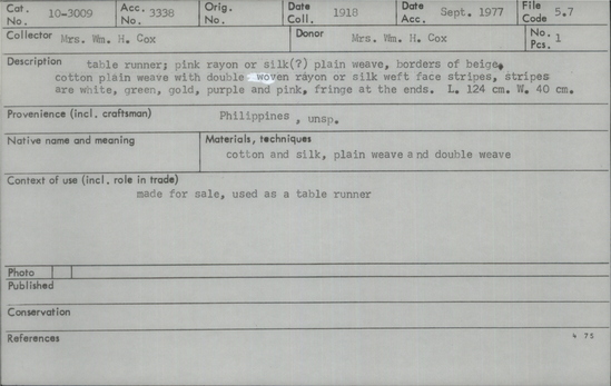 Documentation associated with Hearst Museum object titled Table runner, accession number 10-3009, described as Table runner; cotton & silk; plainweave with double weft face