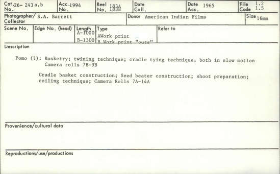 Documentation associated with Hearst Museum object titled 16mm motion picture film, accession number 26-243a,b, described as Basket construction