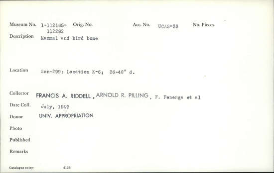 Documentation associated with Hearst Museum object titled Faunal remains, accession number 1-112266, described as Mammal and bird.