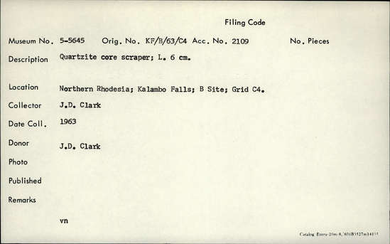 Documentation associated with Hearst Museum object titled Scraper, accession number 5-5645, described as Quartzite core scraper; L. 6 cm