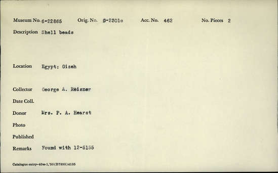 Documentation associated with Hearst Museum object titled Beads, accession number 6-22865, described as Cylinder and univalve, found with 12-5155.