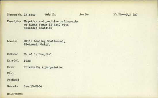 Documentation associated with Hearst Museum object titled Black-and-white negative, accession number 15-6569, described as femur with imbedded obsidian 12-2340