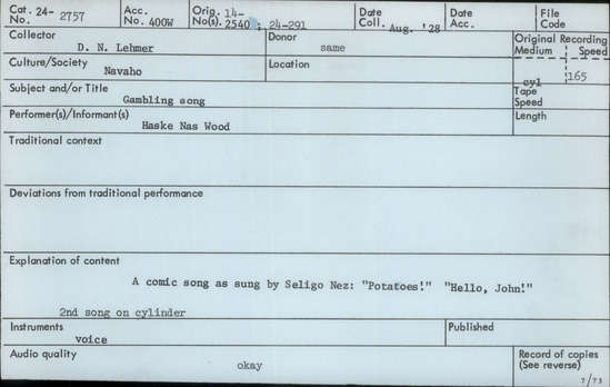 Documentation associated with Hearst Museum object titled Audio recording, accession number 24-2757, described as Gambling Song