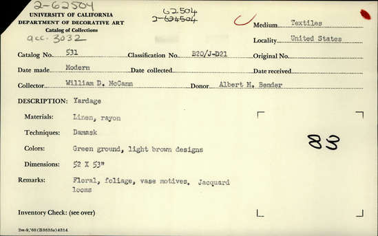 Documentation associated with Hearst Museum object titled Textile sample, accession number 2-62504, described as Yardage; linen, rayon, damask, green ground, light brown designs, floral, foliage and vase motives, Jacquard looms William D. McCann