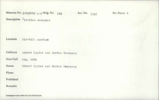 Documentation associated with Hearst Museum object titled Scrapers, accession number 1-215728a-d, described as Obsidian.