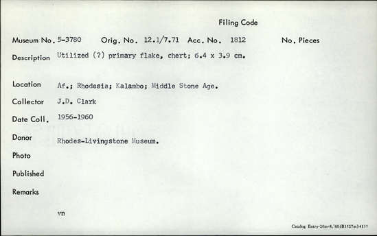 Documentation associated with Hearst Museum object titled Flake, accession number 5-3780, described as Utilized (?) primary flake, chert; 6.4 x 3.9 cm.