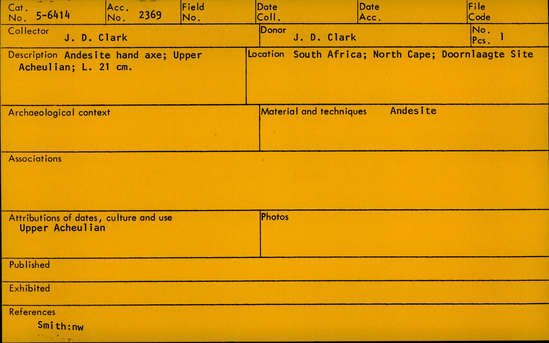 Documentation associated with Hearst Museum object titled Handaxe, accession number 5-6414, described as Andesite hand axe, Upper Acheulean