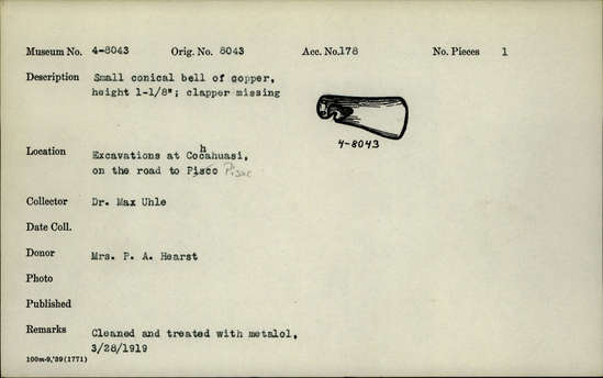 Documentation associated with Hearst Museum object titled Metal fragment, accession number 4-8043, no description available.
